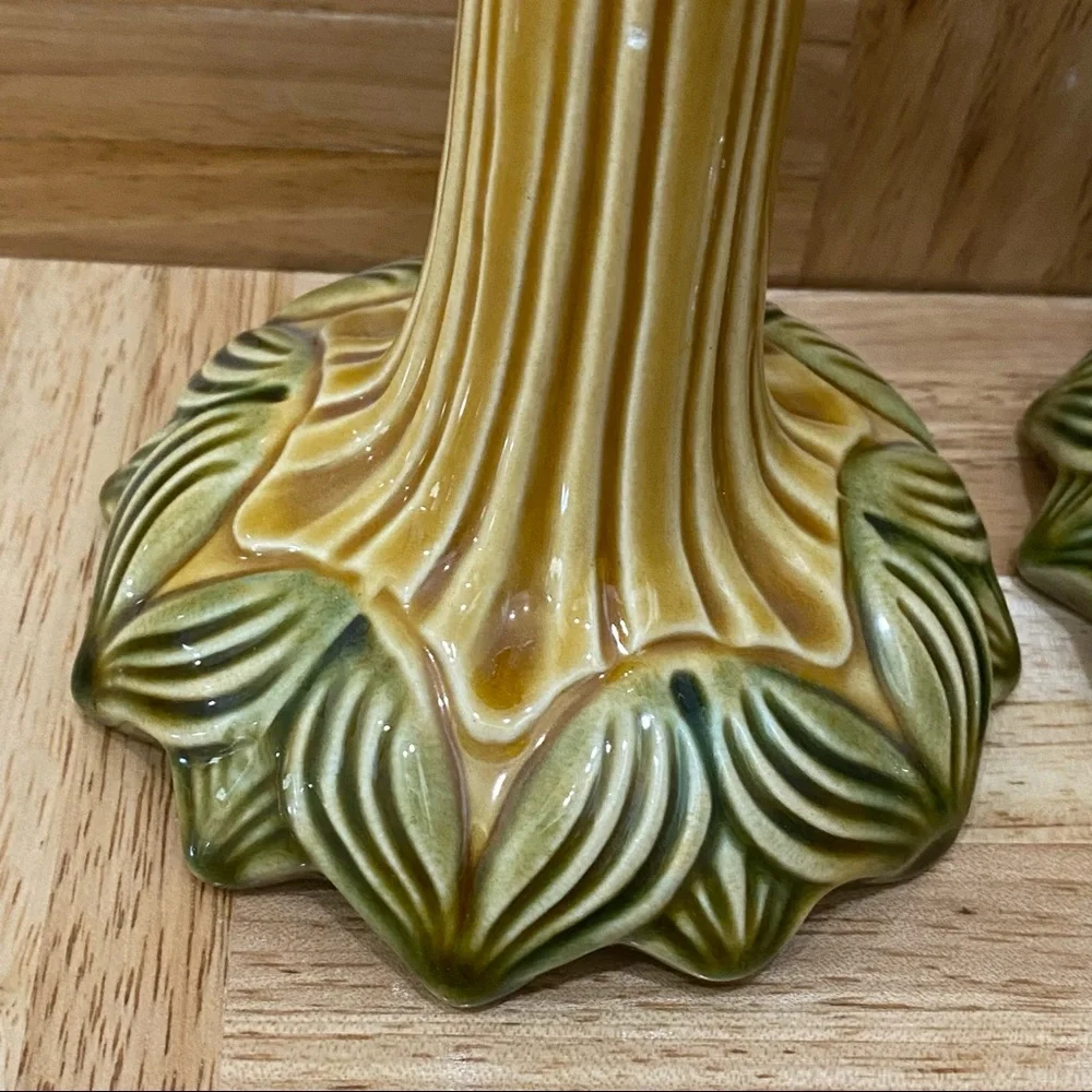 Pair of Sur La Table Portugal Ceramic Glazed Leaf Flower Candle Stick Holder
